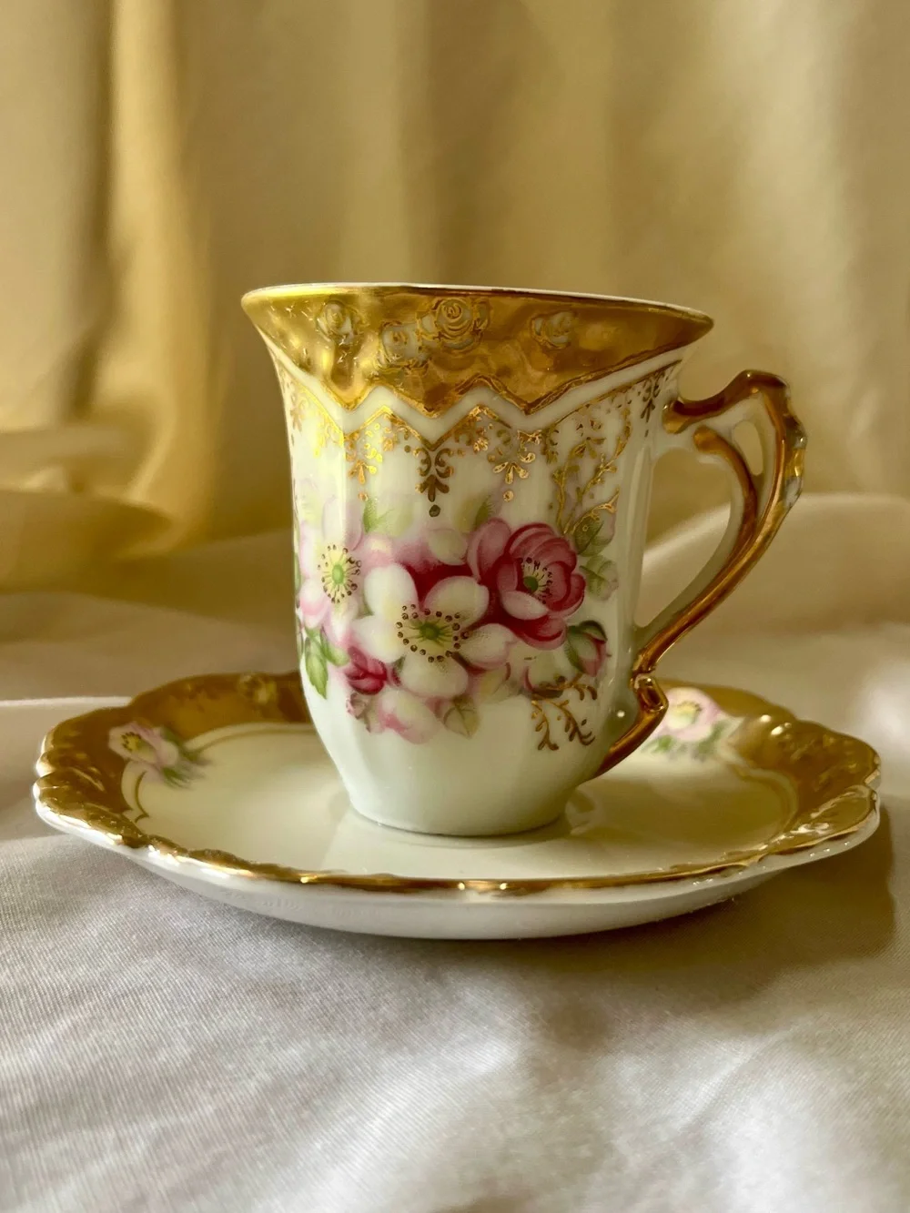 Vintage Victorian Ardco Chocolate Cup Saucer Set Hand Painted Floral Gold Trim